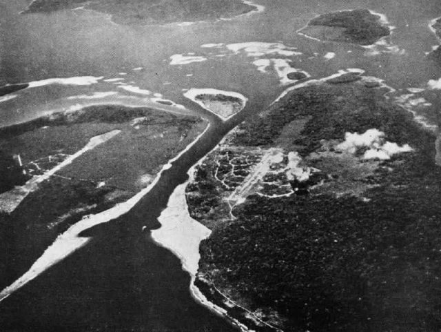 Buka Passage between Bougainville (left) and Buka (right) islands in 1943. Two Japanese airfields are visible, Buka airfield (center) and Bonis airfield (left)