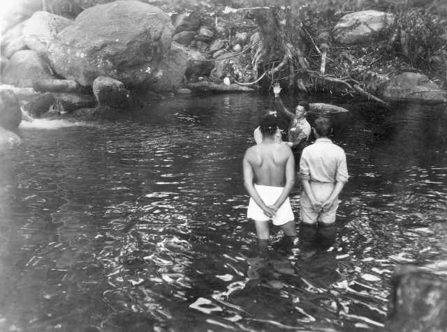 Wayne, in white boxers, waiting to be baptized Hollandia, New Guinea September 5, 1944